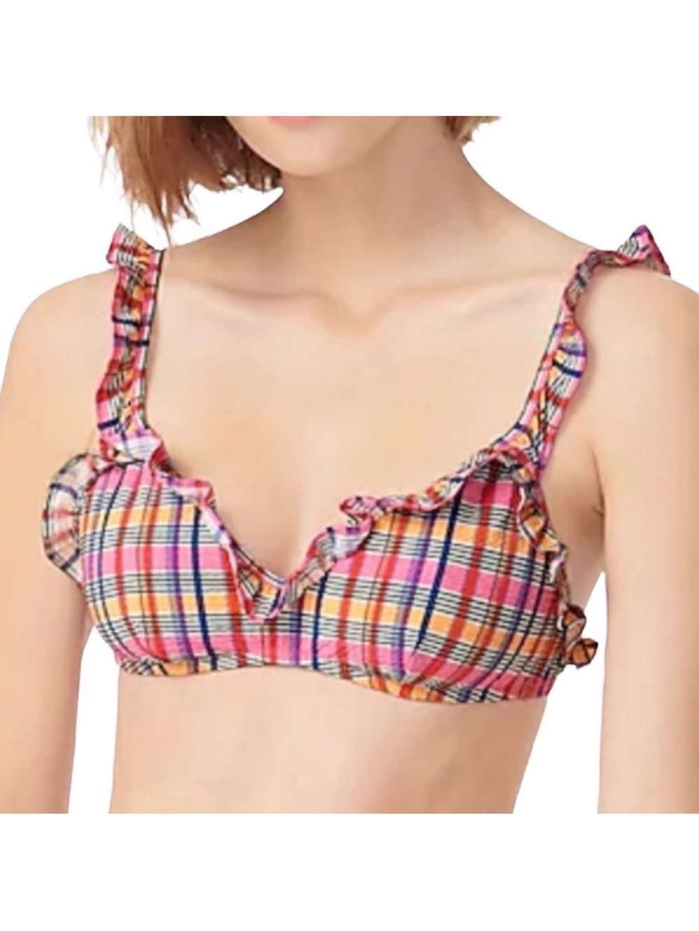 J. Crew, Plaid Ruffle High-Waist Bikini Set - Pink Multicolor